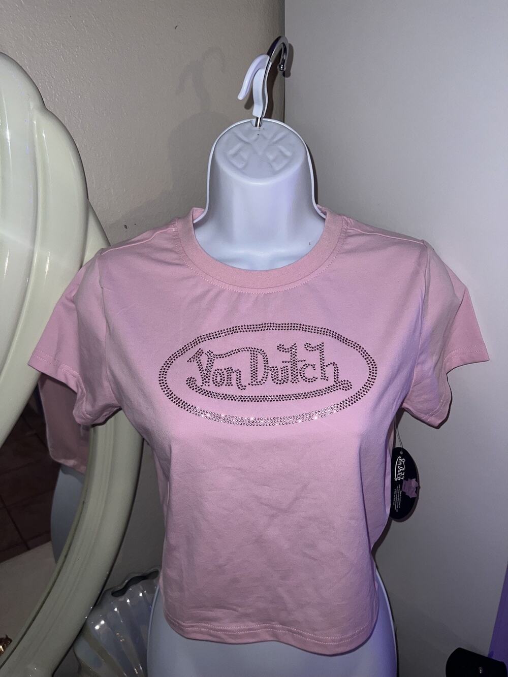 Von Dutch Women's Pink T-shirt Rhinestone Logo Size L Short Sleeve